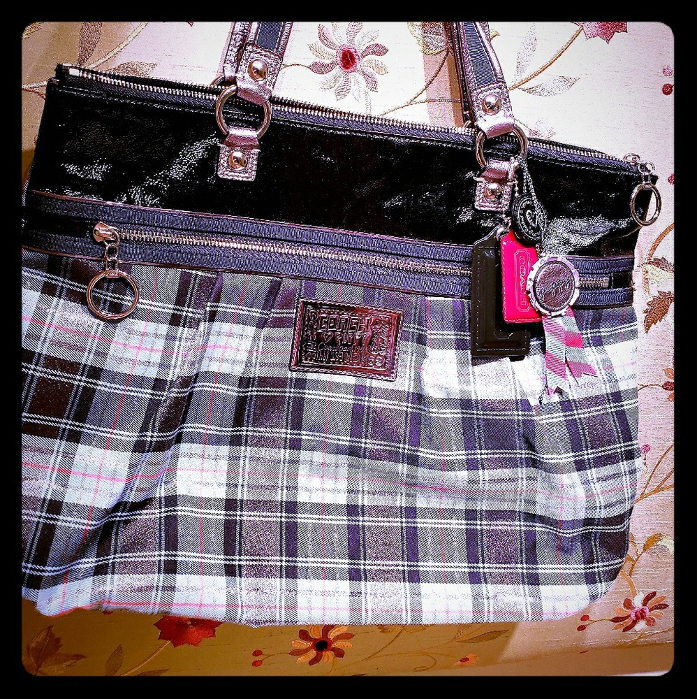 Poppy blue plaid shoulder tote purse